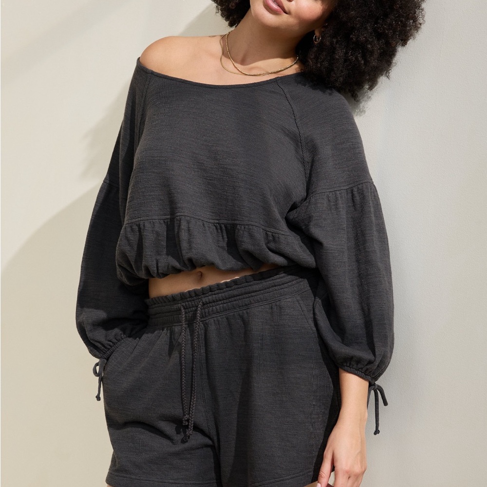 Aerie Off-Shoulder Charcoal Top and Shorts Set